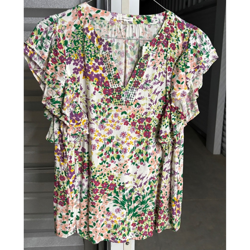 Maurices Floral Ruffle Sleeve Split Neck Rayon Blouse XXL Multicolor